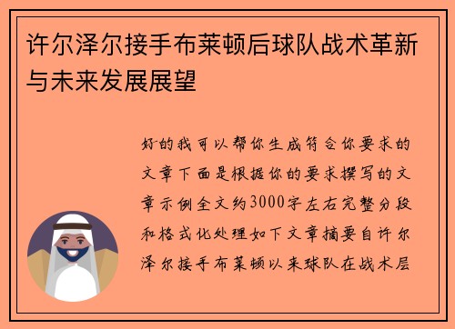 许尔泽尔接手布莱顿后球队战术革新与未来发展展望 许尔泽尔接手布莱顿后球队战术革新与未来发展展望