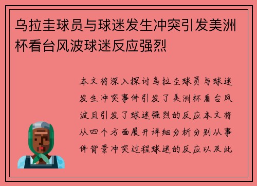 乌拉圭球员与球迷发生冲突引发美洲杯看台风波球迷反应强烈