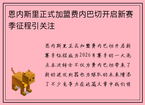 恩内斯里正式加盟费内巴切开启新赛季征程引关注 恩内斯里正式加盟费内巴切开启新赛季征程引关注