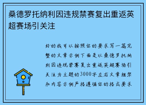 桑德罗托纳利因违规禁赛复出重返英超赛场引关注